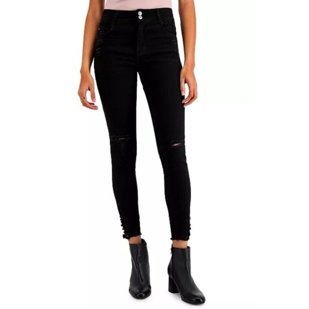 Gemma Rae Juniors' Distressed High Rise Skinny Jeans black Frayed Hem Size 11/30